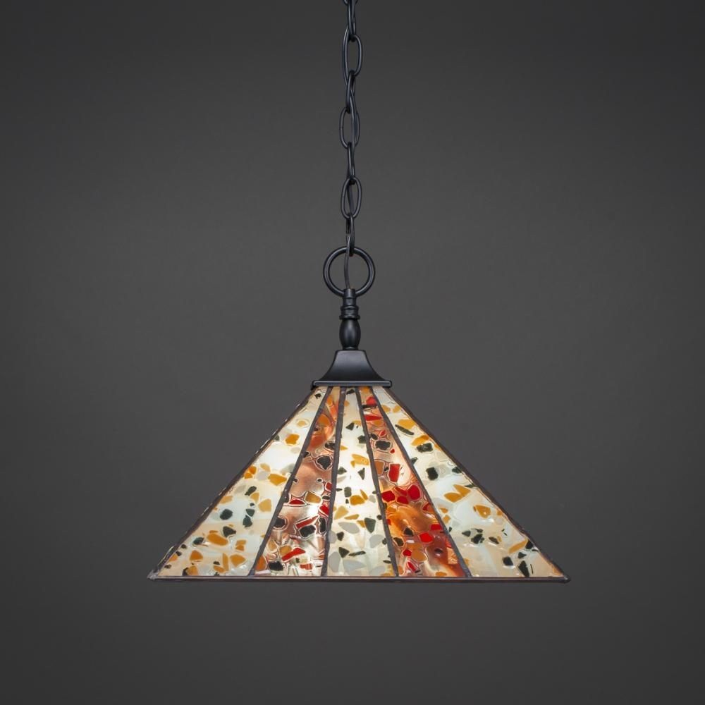 Toltec Lighting-12-MB-956-Any - 1 Light Chain Hung Pendant-11.5 Inches Tall and 14 Inches Wide Matte Black Fiesta Art Bronze Finish with Purple/Metal Leaf Tiffany Glass