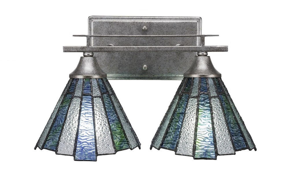 Toltec Lighting-132-AS-9325-Uptowne - 2 Light Bath Bar-8.5 Inches Tall and 14.5 Inches Wide Aged Silver Sea Ice Aged Silver Finish with Pewter Tiffany Glass