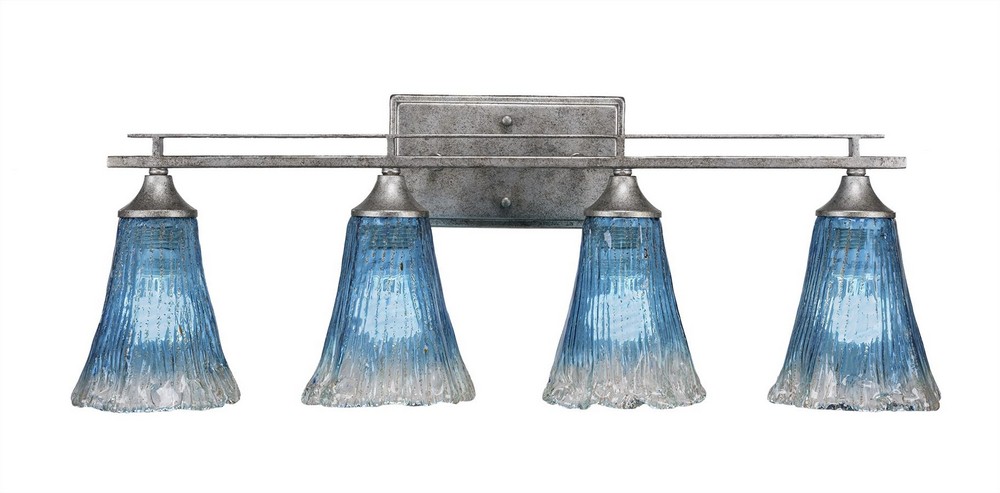 Toltec Lighting-134-AS-725-Uptowne - 4 Light Bath Bar-9.75 Inches Tall and Inches Wide Aged Silver Fluted Teal Crystal Dark Granite Finish with Frosted Crystal Glass