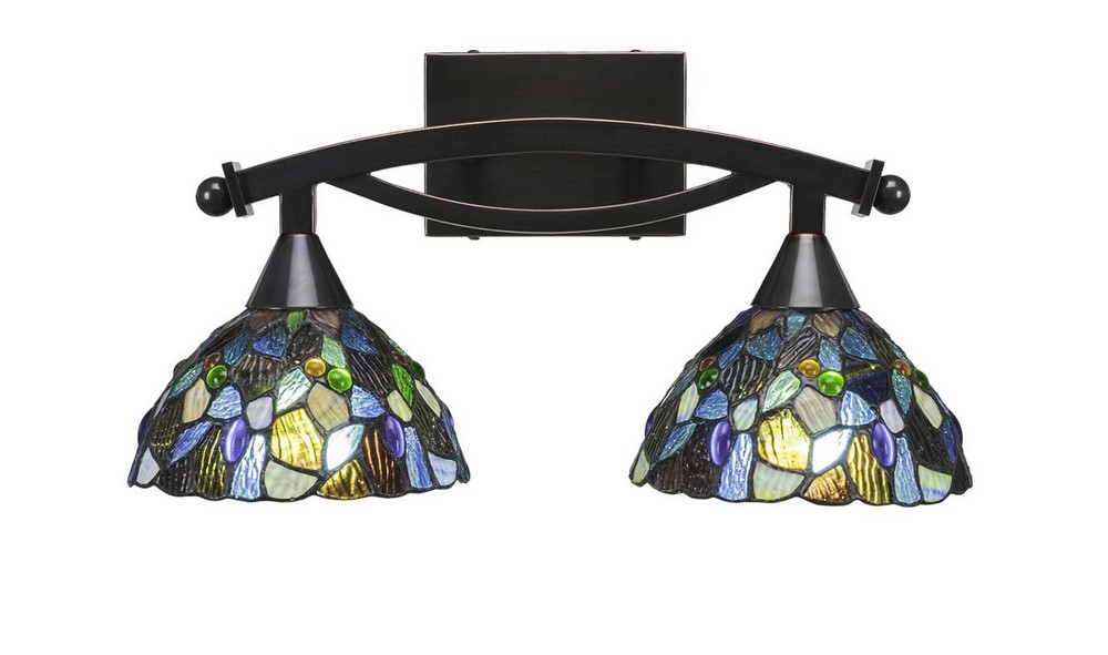 Toltec Lighting-172-BC-9955-Bow - 2 Light Bath Bar-9.25 Inches Tall and 17.75 Inches Wide Black Copper Blue Mosaic Art Black Copper Finish with Green Sunray Tiffany Glass