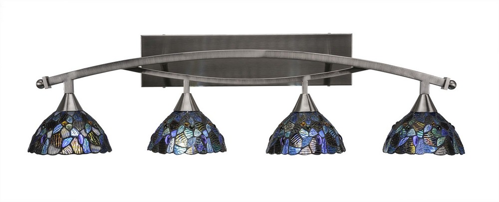 Toltec Lighting-174-BN-9955-Bow - 4 Light Bath Bar-11.25 Inches Tall and Inches Wide Brushed Nickel Blue Mosaic Art Black Copper Finish with Green Sunray Tiffany Glass