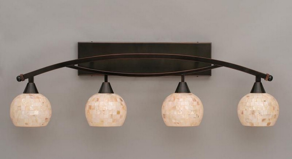 Toltec Lighting-174-BC-405-Bow - 4 Light Bath Bar-12.25 Inches Tall and 10 Inches Wide Black Copper Mystic Seashell Brushed Nickel Finish with Copper Mosaic Glass