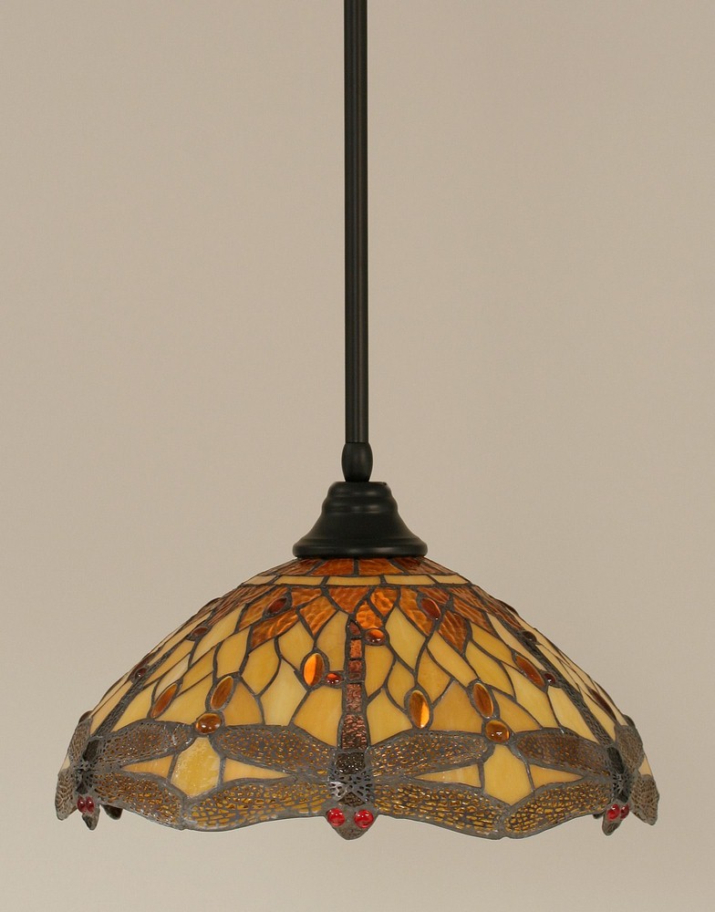 Toltec Lighting-26-MB-946-Any - 1 Light Stem Pendant With Hang Straight Swivel-10 Inches Tall and 16 Inches Wide Matte Black Amber Dragonfly Art Matte Black Finish with Diamond Ice Tiffany Glass