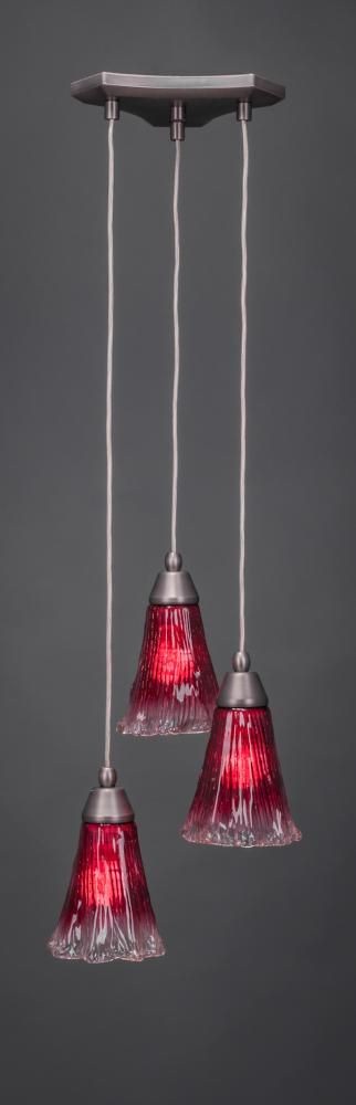 Toltec Lighting-28-BN-726-Europa - 3 Light Cluster Pendalier-8.75 Inches Tall and 11 Inches Wide Brushed Nickel Fluted Raspberry Crystal Dark Granite Finish with Italian Ice Glass