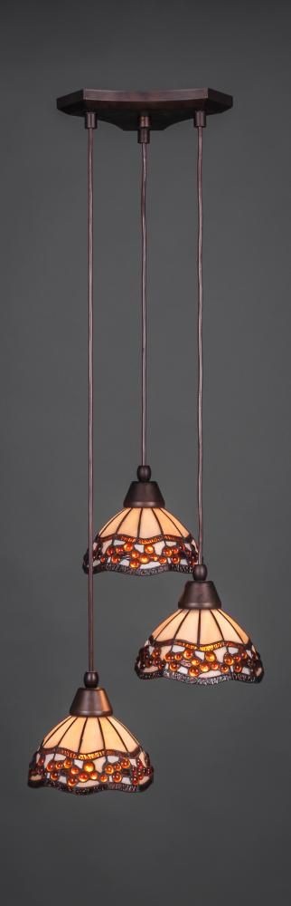 Toltec Lighting-28-BRZ-9975-Europa - 3 Light Cluster Pendalier-6.5 Inches Tall and 10 Inches Wide Bronze Roman Jewel Art Dark Granite Finish with Amber Dragonfly Tiffany Glass