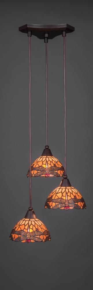 Toltec Lighting-28-DG-9465-Europa - 3 Light Cluster Pendalier-6.5 Inches Tall and 10 Inches Wide Dark Granite Amber Dragonfly Art Dark Granite Finish with Amber Dragonfly Tiffany Glass