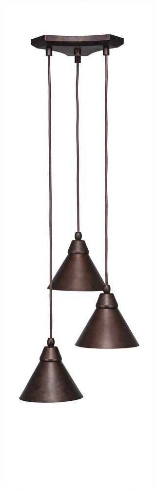 Toltec Lighting-28-BRZ-421-Europa - 3 Light Cluster Pendalier-7.25 Inches Tall and 13.5 Inches Wide Bronze  Brushed Nickel Finish with Bronze Cone Metal Shade