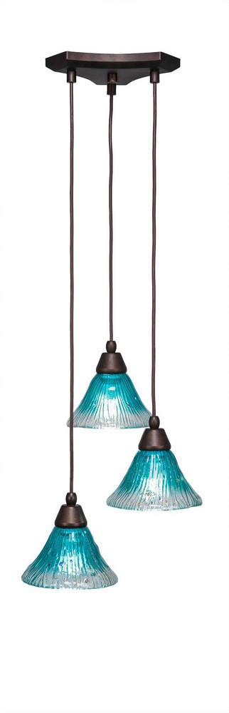 Toltec Lighting-28-BRZ-458-Europa - 3 Light Cluster Pendalier-7.25 Inches Tall and 14.5 Inches Wide Bronze Teal Crystal Dark Granite Finish with Italian Ice Glass