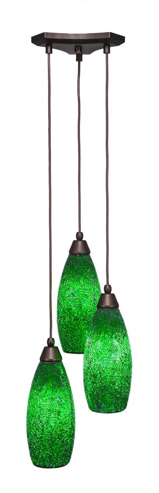 Toltec Lighting-28-BRZ-5067-Europa - 3 Light Cluster Pendalier-13.5 Inches Tall and 11.25 Inches Wide Bronze Green Fusion Bronze Finish with Red Fusion Glass