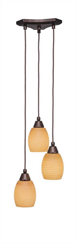 Toltec Lighting-28-BRZ-625-Europa - 3 Light Cluster Pendalier-8.75 Inches Tall and 10.75 Inches Wide Bronze Cayenne Linen Brushed Nickel Finish with Fluted Italian Ice Glass