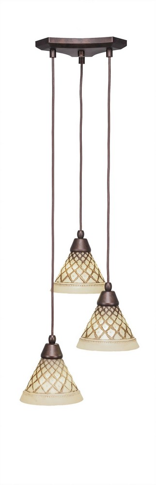 Toltec Lighting-28-BRZ-7185-Europa - 3 Light Cluster Pendalier-6.75 Inches Tall and 14 Inches Wide Bronze Chocolate Icing Brushed Nickel Finish with Italian Ice Glass