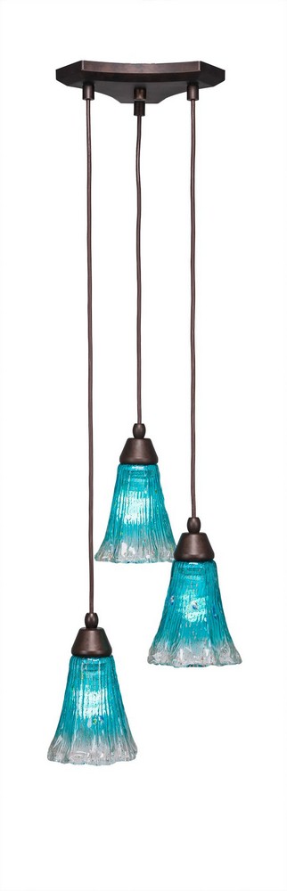 Toltec Lighting-28-BRZ-725-Europa - 3 Light Cluster Pendalier-8.75 Inches Tall and 10.75 Inches Wide Bronze Teal Crystal Brushed Nickel Finish with Fluted Italian Ice Glass