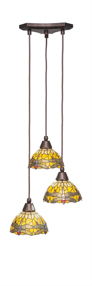 Toltec Lighting-28-BRZ-9465-Europa - 3 Light Cluster Pendalier-7 Inches Tall and 14 Inches Wide Bronze Amber Dragonfly Art Europa - 3 Light Cluster Pendalier-7 Inches Tall and 14 Inches Wide