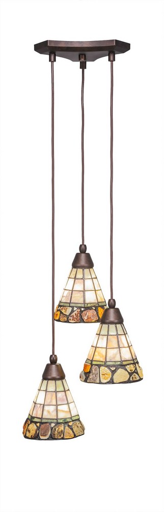 Toltec Lighting-28-BRZ-9735-Europa - 3 Light Cluster Pendalier-7 Inches Tall and 13.75 Inches Wide Bronze Cobblestone Art Brushed Nickel Finish with Pewter Tiffany Glass