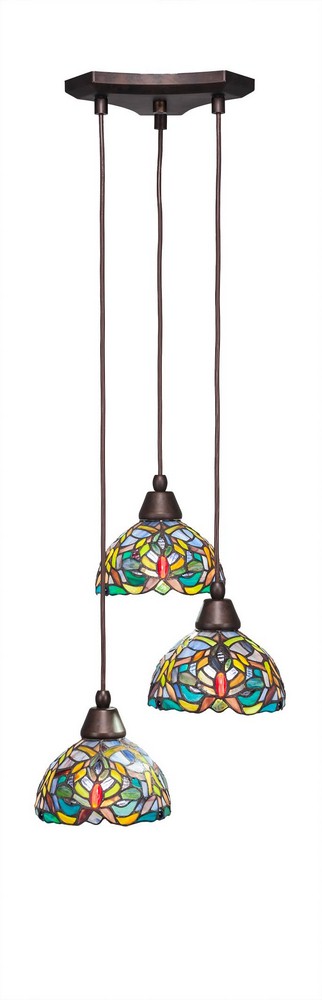 Toltec Lighting-28-BRZ-9905-Europa - 3 Light Cluster Pendalier-6.75 Inches Tall and 14.5 Inches Wide Bronze  Brushed Nickel Finish with Kaleidoscope Mini Tiffany Glass