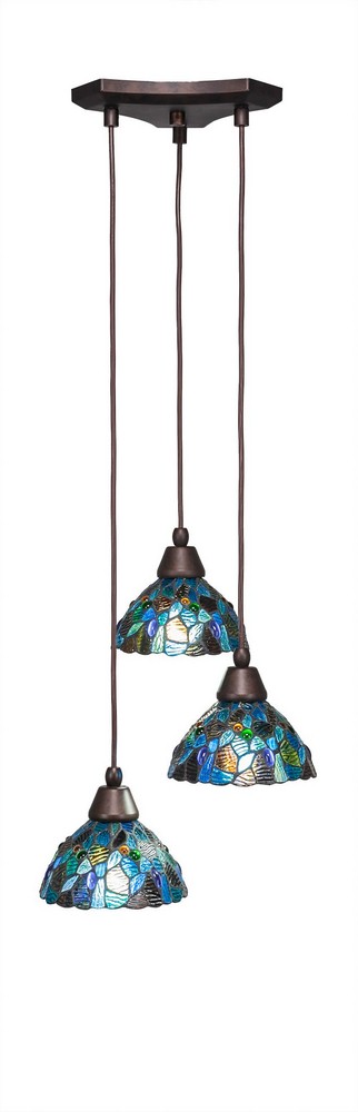 Toltec Lighting-28-BRZ-9955-Europa - 3 Light Cluster Pendalier-6.5 Inches Tall and 14.25 Inches Wide Bronze Crescent Art Brushed Nickel Finish with Blue Mosaic Mini Tiffany Glass