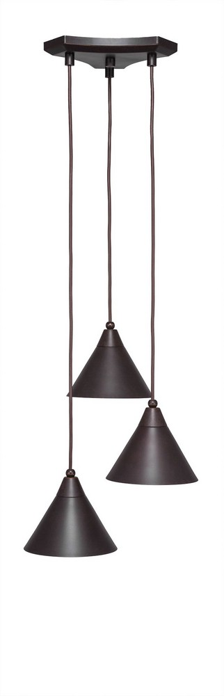 Toltec Lighting-28-DG-421-Europa - 3 Light Cluster Pendalier-7.25 Inches Tall and 13.5 Inches Wide Dark Granite  Brushed Nickel Finish with Bronze Cone Metal Shade