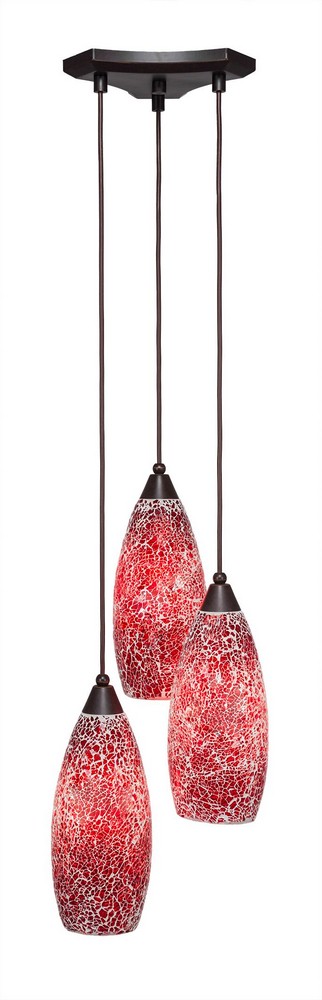 Toltec Lighting-28-DG-5066-Europa - 3 Light Cluster Pendalier-13.5 Inches Tall and 11.25 Inches Wide Dark Granite Red Fusion Bronze Finish with Red Fusion Glass