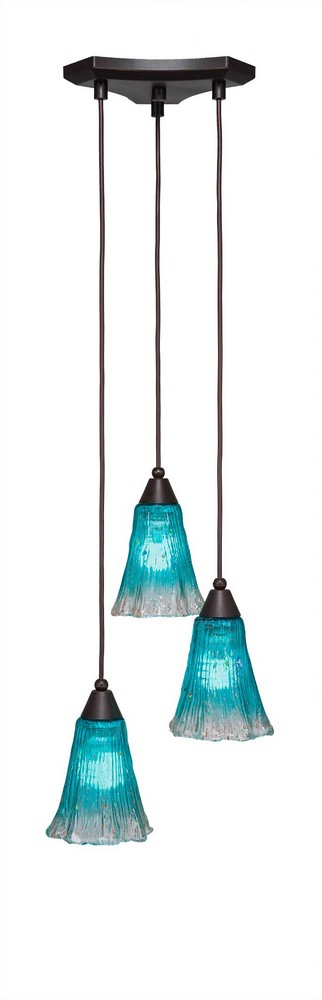 Toltec Lighting-28-DG-725-Europa - 3 Light Cluster Pendalier-8.75 Inches Tall and 10.75 Inches Wide Dark Granite Teal Crystal Brushed Nickel Finish with Fluted Italian Ice Glass