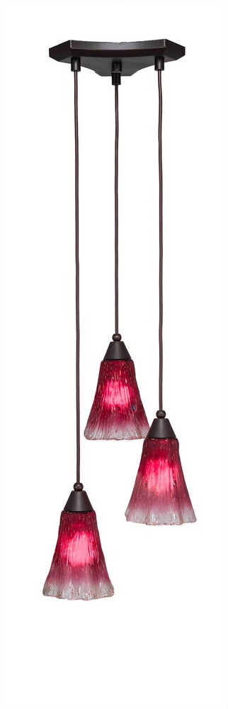 Toltec Lighting-28-DG-726-Europa - 3 Light Cluster Pendalier-8.75 Inches Tall and 10.75 Inches Wide Dark Granite Raspberry Crystal Brushed Nickel Finish with Fluted Italian Ice Glass