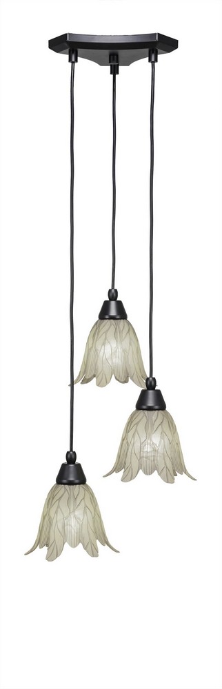 Toltec Lighting-28-MB-1025-Europa-Three Light Mini Pendant-14 Inches Wide by 6.75 Inches High Vanilla Leaf Glass  Matte Black Finish