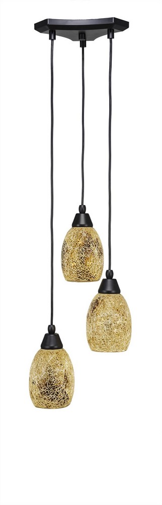 Toltec Lighting-28-MB-4175-Europa - 3 Light Cluster Pendalier-9 Inches Tall and 10 Inches Wide Matte Black Gold Fusion Brushed Nickel Finish with Black Fusion Glass