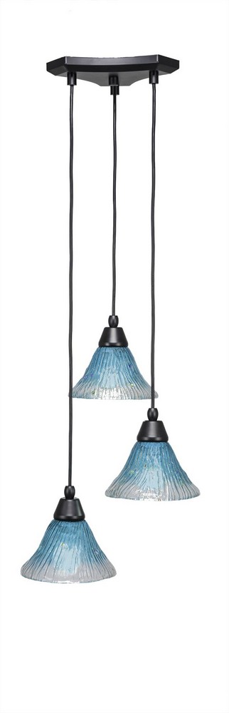 Toltec Lighting-28-MB-458-Europa-Three Light Mini Pendant-14 Inches Wide by 6.75 Inches High Teal Crystal Glass  Matte Black Finish