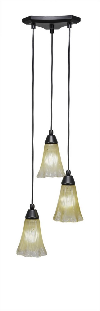 Toltec Lighting-28-MB-720-Europa-Three Light Mini Pendant-14 Inches Wide by 6.75 Inches High Amber Crystal Glass  Matte Black Finish