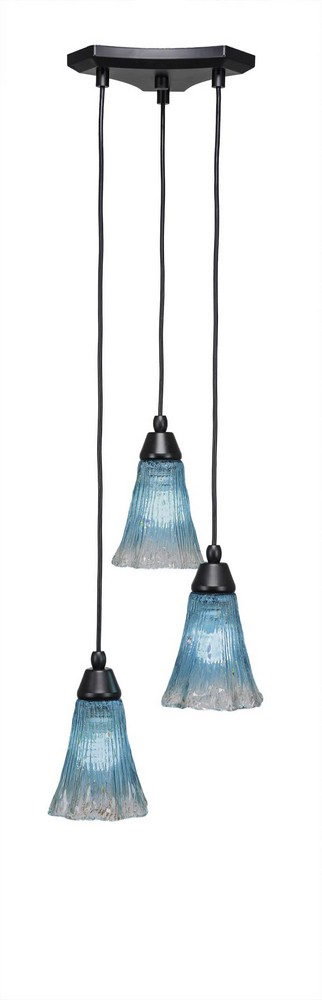 Toltec Lighting-28-MB-725-Europa-Three Light Mini Pendant-14 Inches Wide by 6.75 Inches High Teal Crystal Glass  Matte Black Finish