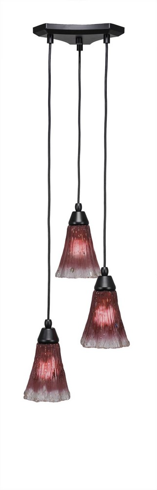 Toltec Lighting-28-MB-726-Europa - 3 Light Cluster Pendalier-8.75 Inches Tall and 10.75 Inches Wide Matte Black Raspberry Crystal Brushed Nickel Finish with Fluted Italian Ice Glass