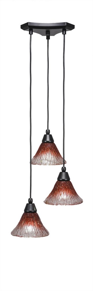 Toltec Lighting-28-MB-756-Europa-Three Light Mini Pendant-14 Inches Wide by 6.75 Inches High Raspberry Crystal Glass  Matte Black Finish