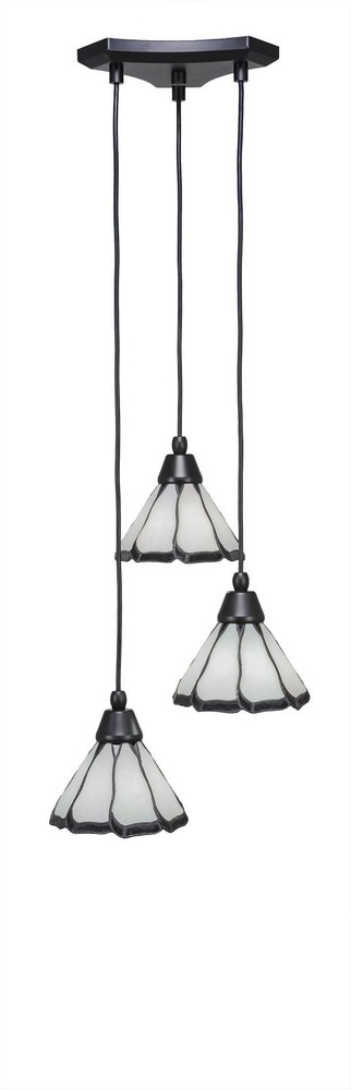 Toltec Lighting-28-MB-9125-Europa-Three Light Mini Pendant-14 Inches Wide by 6.75 Inches High Pearl & Black Flair Tiffany Gl  Matte Black Finish