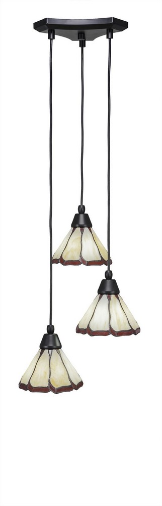 Toltec Lighting-28-MB-9165-Europa-Three Light Mini Pendant-14 Inches Wide by 6.75 Inches High Honey & Burgundy Flair Tiffany  Matte Black Finish