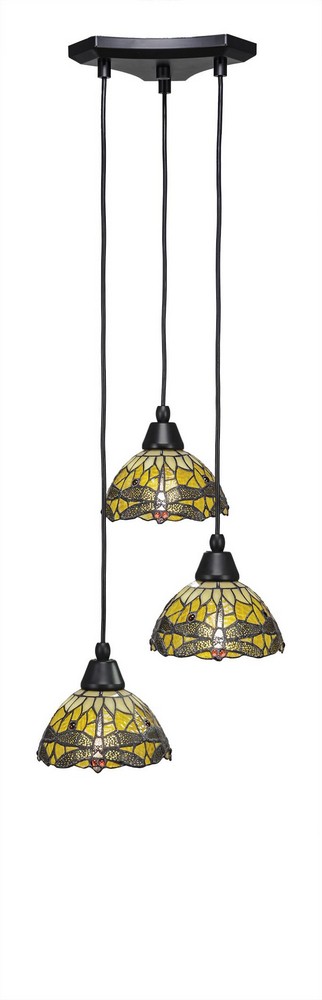 Toltec Lighting-28-MB-9465-Europa-Three Light Mini Pendant-14 Inches Wide by 6.75 Inches High Amber Dragonfly Tiffany Glass  Matte Black Finish