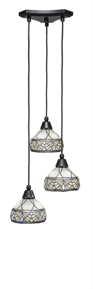 Toltec Lighting-28-MB-9485-Europa-Three Light Mini Pendant-14 Inches Wide by 6.75 Inches High Royal Merlot Tiffany Glass  Matte Black Finish