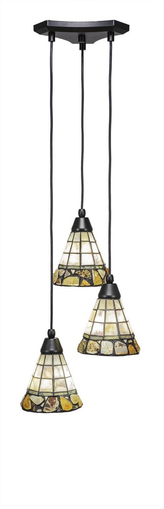 Toltec Lighting-28-MB-9735-Europa-Three Light Mini Pendant-14 Inches Wide by 6.75 Inches High Cobblestone Tiffany Glass  Matte Black Finish