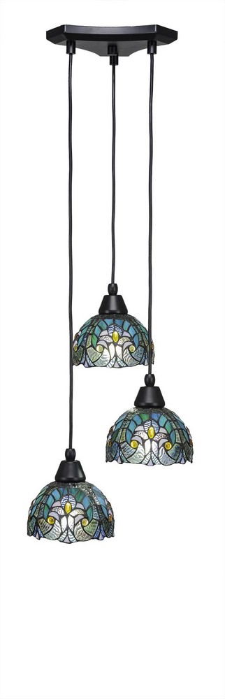 Toltec Lighting-28-MB-9925-Europa-Three Light Mini Pendant-14 Inches Wide by 6.75 Inches High Turquoise Cypress Tiffany Glas  Matte Black Finish