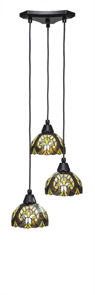Toltec Lighting-28-MB-9945-Europa-Three Light Mini Pendant-14 Inches Wide by 6.75 Inches High Ivory Cypress Tiffany Glass  Matte Black Finish