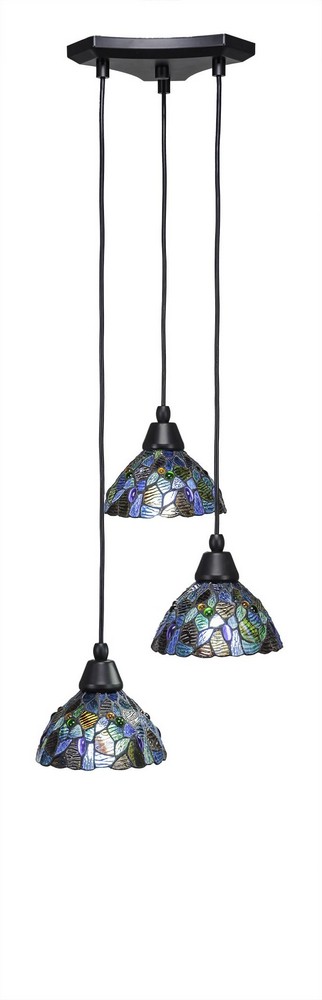 Toltec Lighting-28-MB-9955-Europa-Three Light Mini Pendant-14 Inches Wide by 6.75 Inches High Blue Mosaic Tiffany Glass  Matte Black Finish