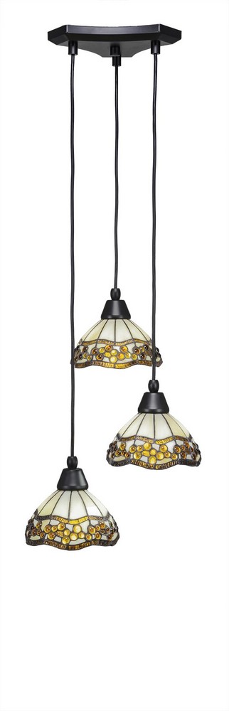 Toltec Lighting-28-MB-9975-Europa - 3 Light Cluster Pendalier-6.5 Inches Tall and 14.25 Inches Wide Matte Black Roman Jewel Art Brushed Nickel Finish with Blue Mosaic Mini Tiffany Glass