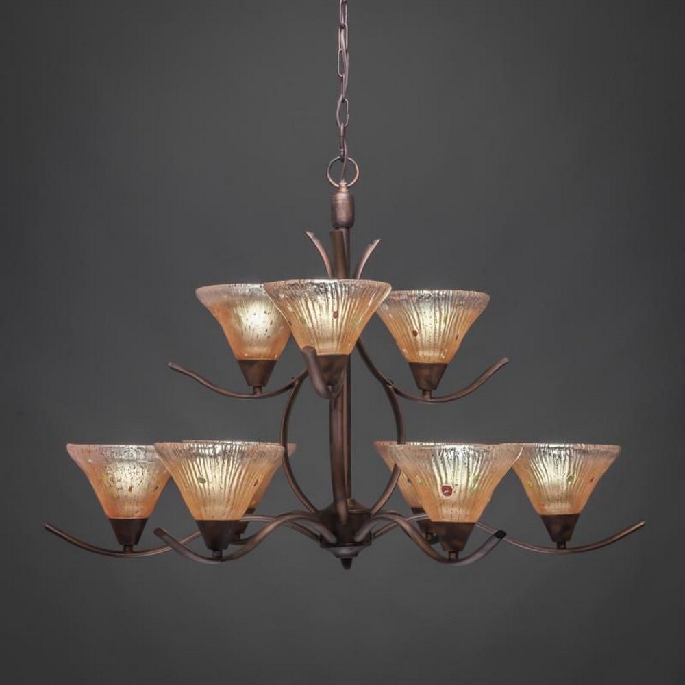 Toltec Lighting-299-BRZ-750-Swoop - 9 Light Chandelier-24.5 Inches Tall and 35.75 Inches Wide   Bronze Finish with Amber Crystal Glass