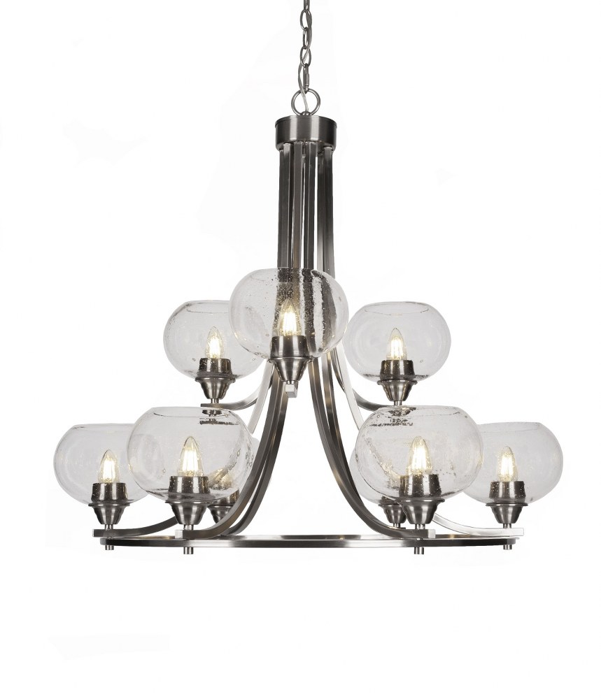 Toltec Lighting-3409-BN-202-Paramount-9 Light Chandelier-28.5 Inches Wide by 29.75 Inches High   Brushed Nickel Finish with Clear Bubble Glass