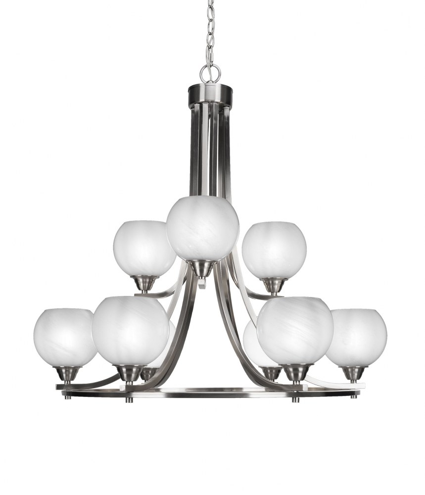 Toltec Lighting-3409-BN-4101-Paramount-9 Light Chandelier-28.5 Inches Wide by 29.75 Inches High   Brushed Nickel Finish with White Marble Glass