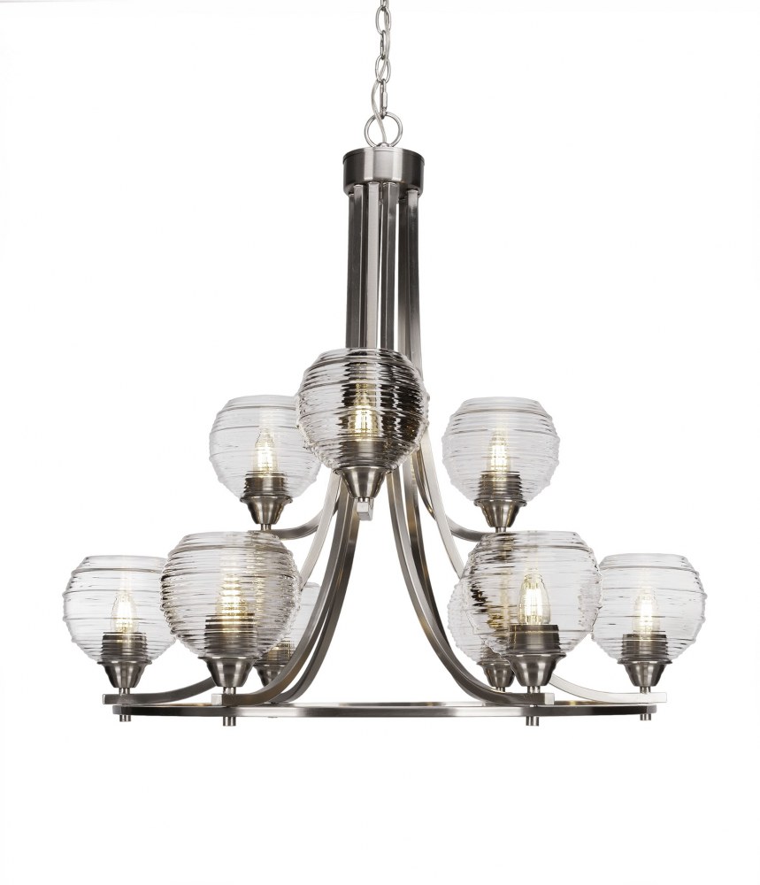 Toltec Lighting-3409-BN-5110-Paramount-9 Light Chandelier-28.5 Inches Wide by 29.75 Inches High   Brushed Nickel Finish with Clear Ribbed Glass