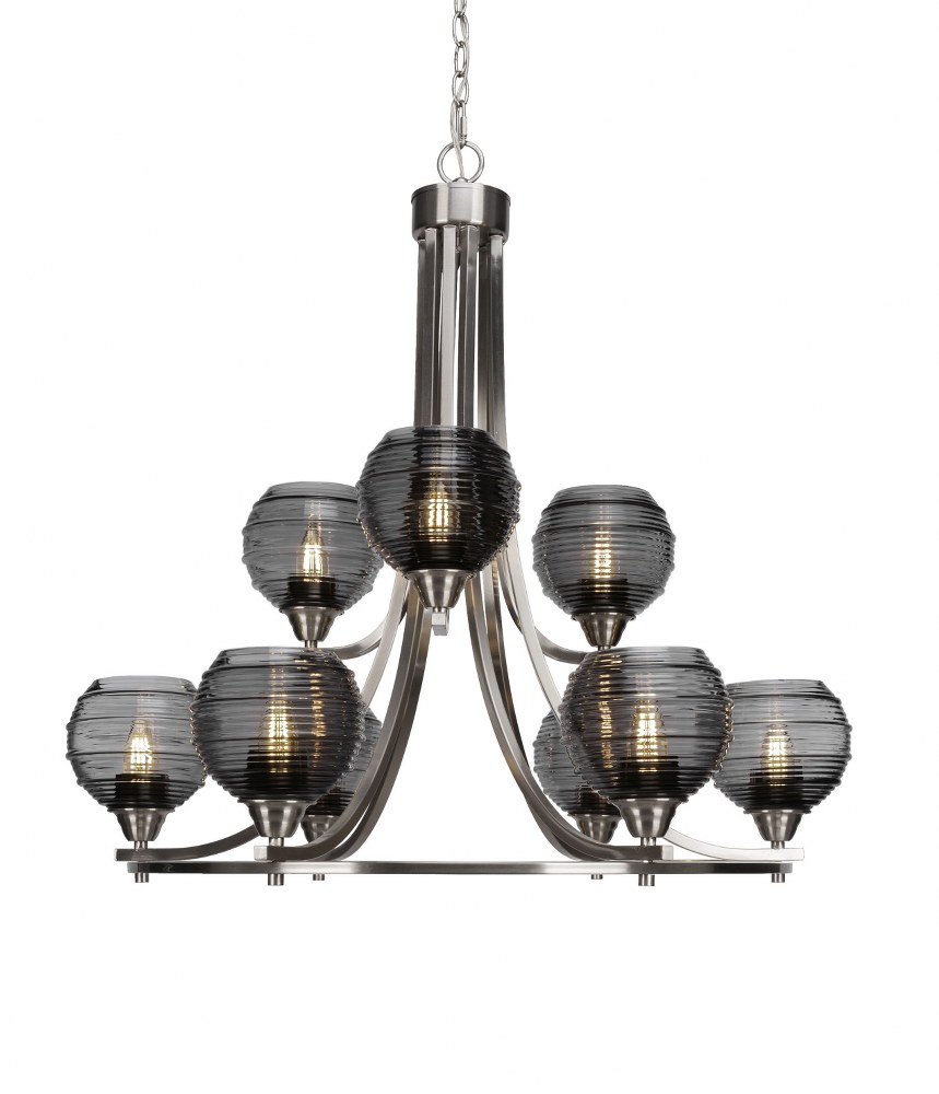 Toltec Lighting-3409-BN-5112-Paramount-9 Light Chandelier-28.5 Inches Wide by 29.75 Inches High   Brushed Nickel Finish with Smoke Ribbed Glass