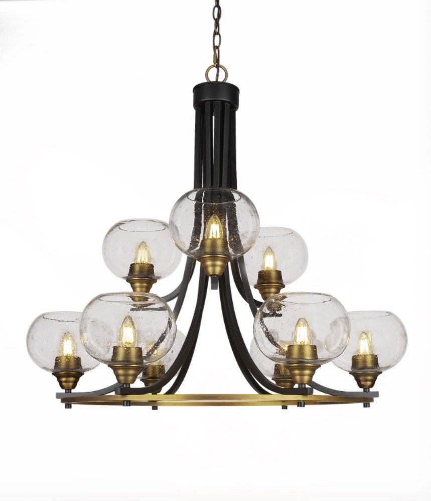 Toltec Lighting-3409-MBBR-202-Paramount-9 Light Chandelier-28.5 Inches Wide by 29.75 Inches High   Matte Black/Brass Finish with Clear Bubble Glass