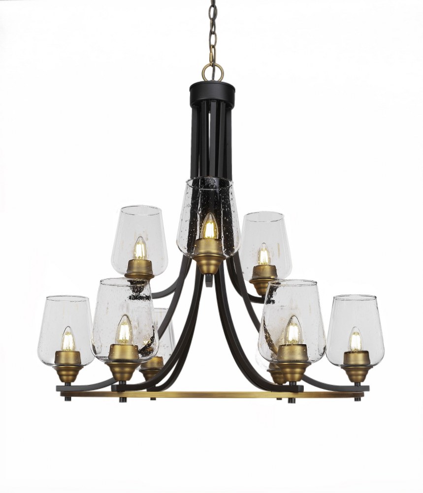 Toltec Lighting-3409-MBBR-210-Paramount-9 Light Chandelier-28.5 Inches Wide by 29.75 Inches High   Matte Black/Brass Finish with Clear Bubble Glass