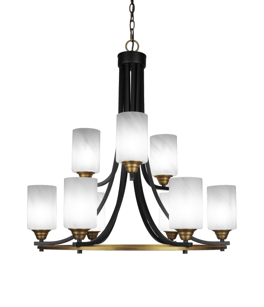 Toltec Lighting-3409-MBBR-3001-Paramount-9 Light Chandelier-28.5 Inches Wide by 29.75 Inches High   Matte Black/Brass Finish with White Marble Glass