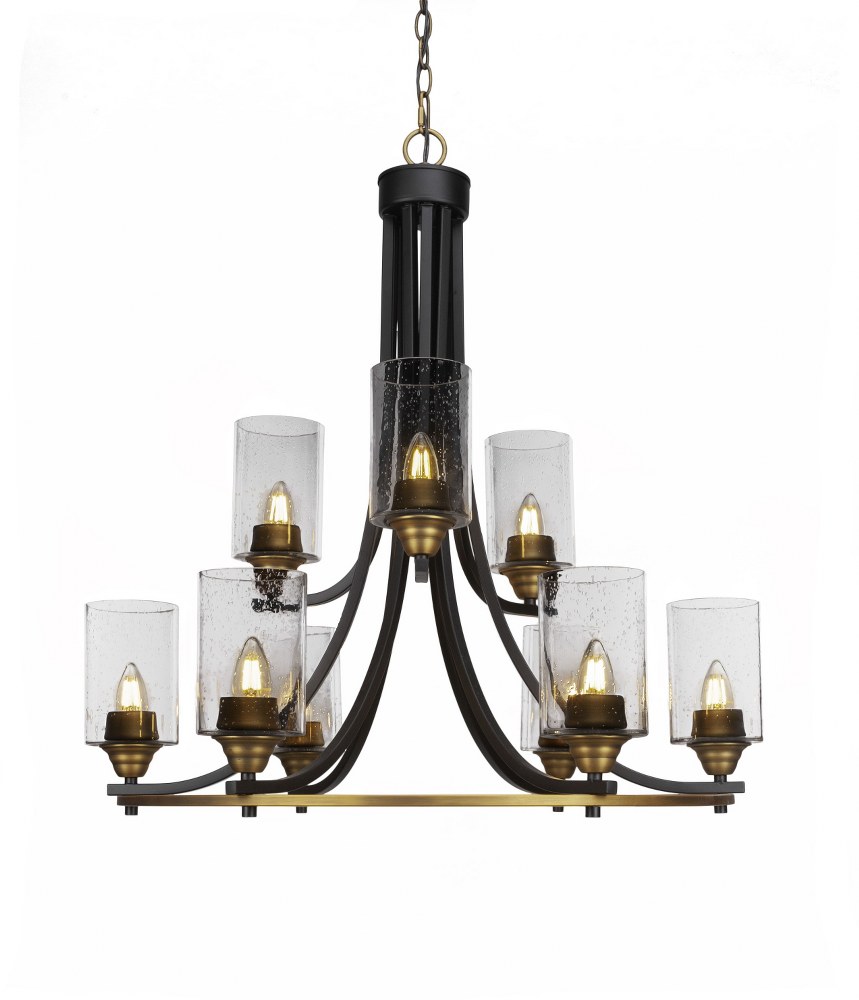 Toltec Lighting-3409-MBBR-300-Paramount-9 Light Chandelier-28.5 Inches Wide by 29.75 Inches High   Matte Black/Brass Finish with Clear Bubble Glass
