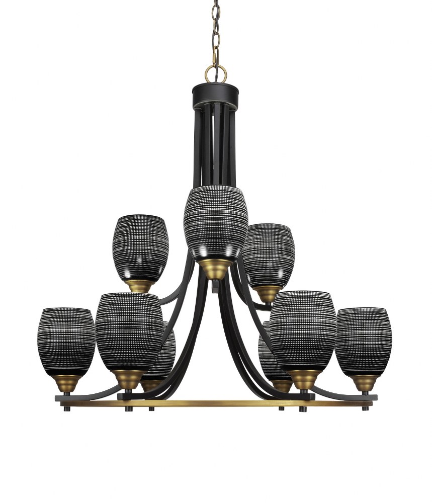 Toltec Lighting-3409-MBBR-4029-Paramount-9 Light Chandelier-28.5 Inches Wide by 29.75 Inches High   Matte Black/Brass Finish with Black Matrix Glass
